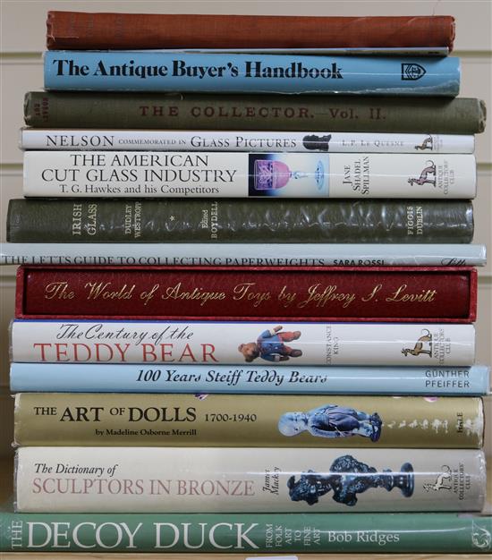 An eclectic group of reference books relating to Teddy bears, bronzes, dolls, paperweights, glass, decoy ducks, etc.